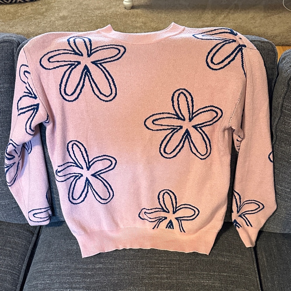 Floral Pink Sweater with Navy Accents